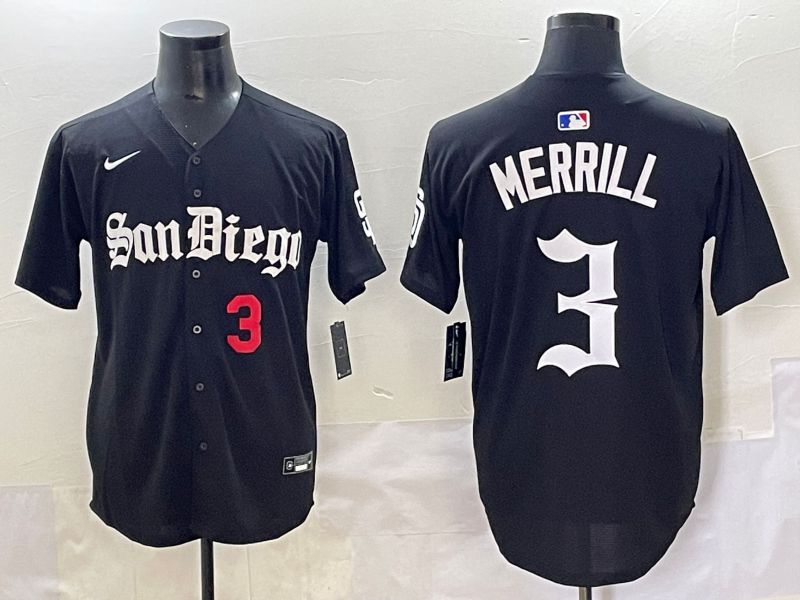 Men 2025 San Diego Padres 3 Merrill Black Five generations Joint Name Nike MLB Jersey style 4